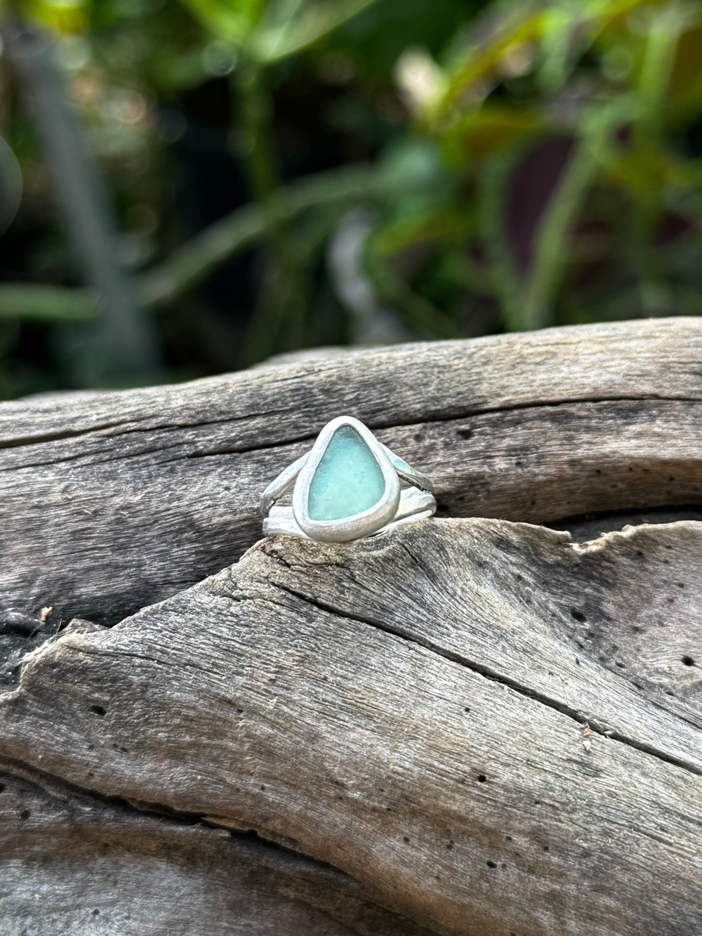 *SOLD*Blue sea glass Sea tumbled sea glass sterling & fine silver ring - Picture 2 of 4